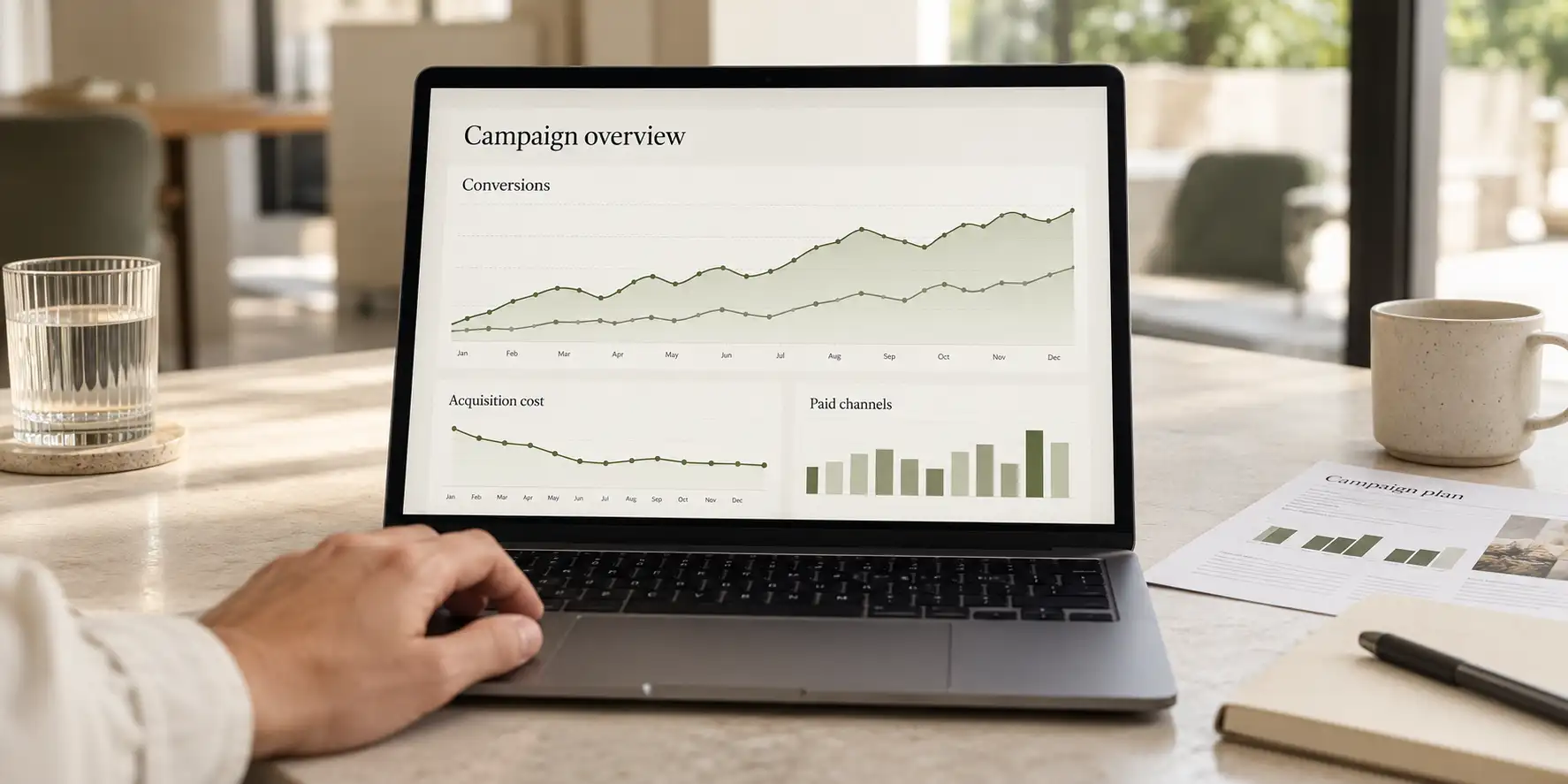 Analyst reviewing campaign charts on a laptop